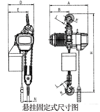 龙升5吨双链单速环链电动葫芦悬挂固定式尺寸图