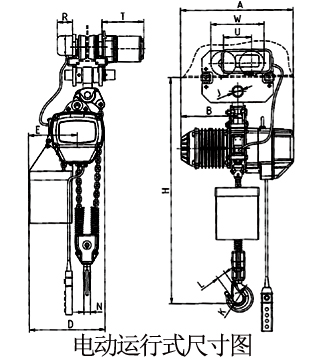 龙升5吨双链单速环链电动葫芦电动运行式尺寸图